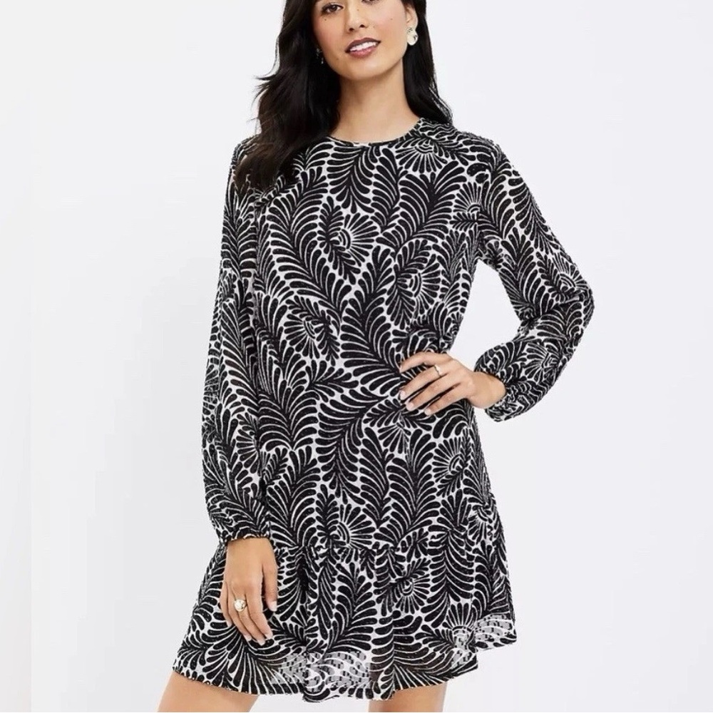 NWT LOFT Black & White Fern Print Long Sleeve Flounce Swing Dress